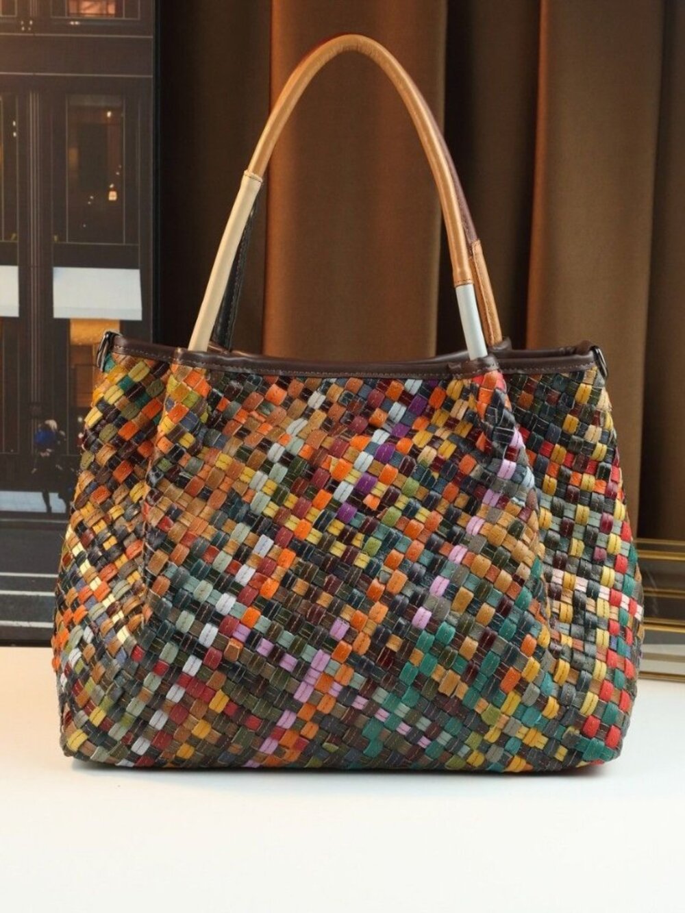 Genuine Full Grain Handwoven Leather Tote Color Patchwork Large Capacity Handbag